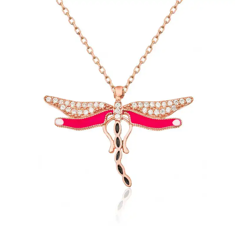 Silver Dragonfly Women Necklace Zircon Stone 925 Sterling Women Fine Jewelry Wedding Party Birthday Gift - Jeweled - Box - Pendant - Chain Choker - Female - Ladies - Fashion