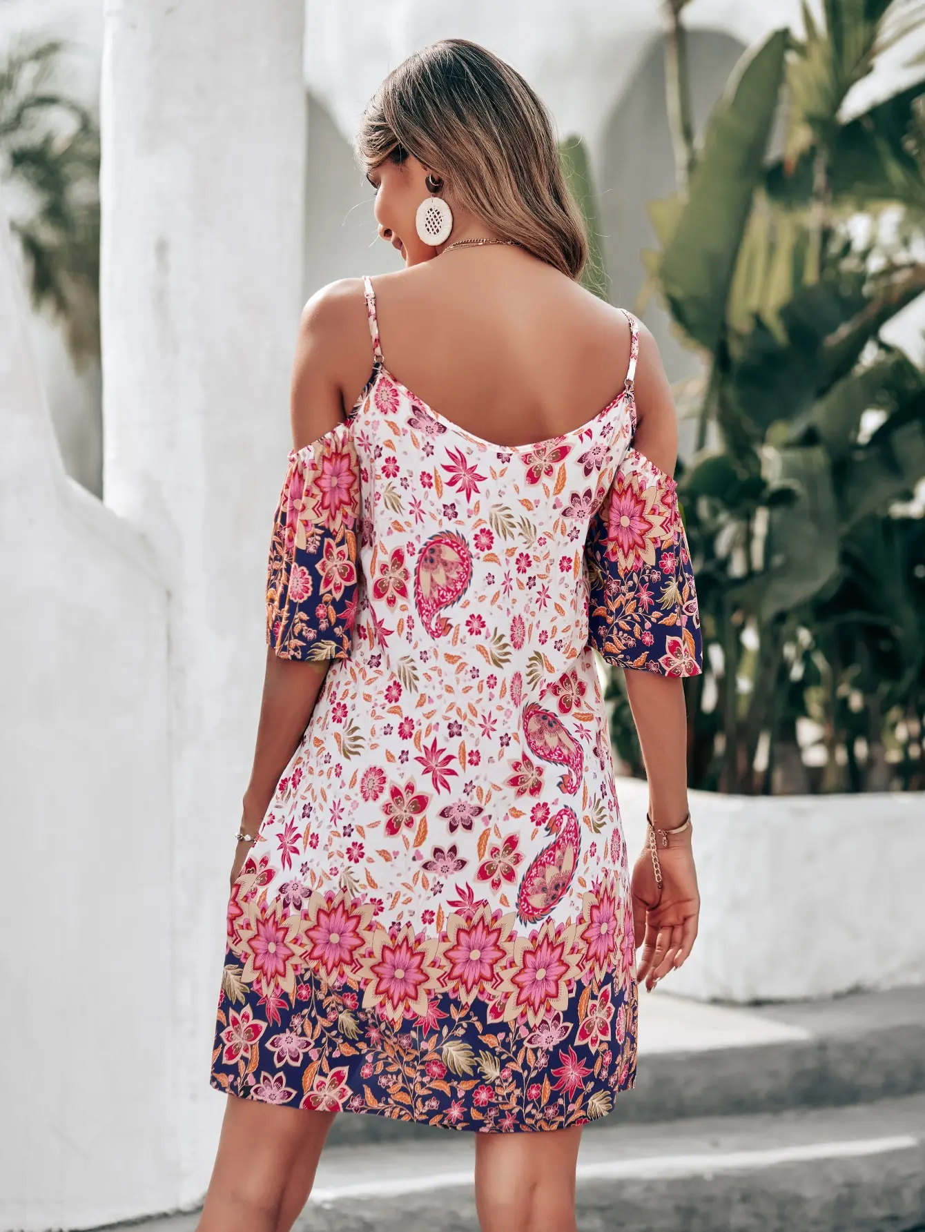 Women's Floral Print Cold Shoulder Dress, Casual Short Sleeve Boho Mini Dress, Spaghetti Strap Vacation Dress For Ladies