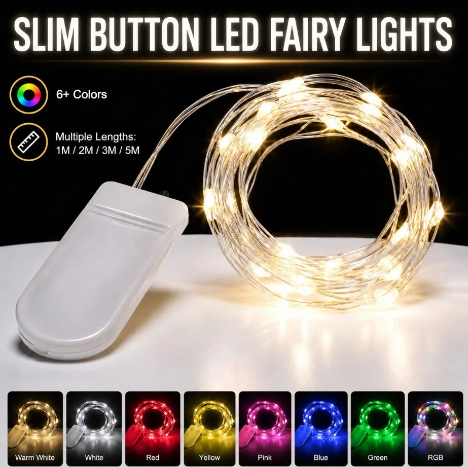 Button Battery LED Fairy Lights Copper Wire String Light 1M 2M 3M 5M Multi Color Fairy Lamp for Christmas Party Home Decoration