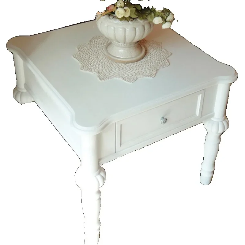 Cream style pastoral solid wood white square side table phone table small apartment corner table creative living room square cof