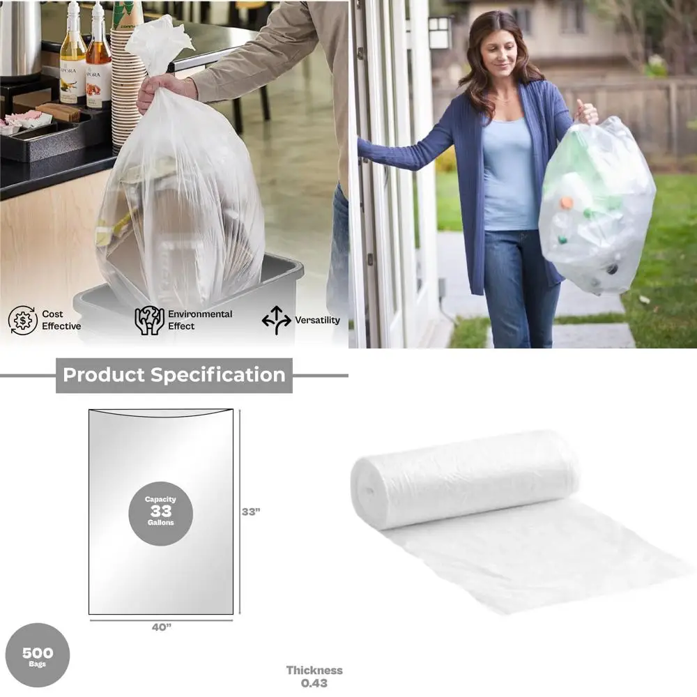 

33 Gallon Clear Trash Bags, 500 Pack, Suitable for Commercial Kitchens and Offices