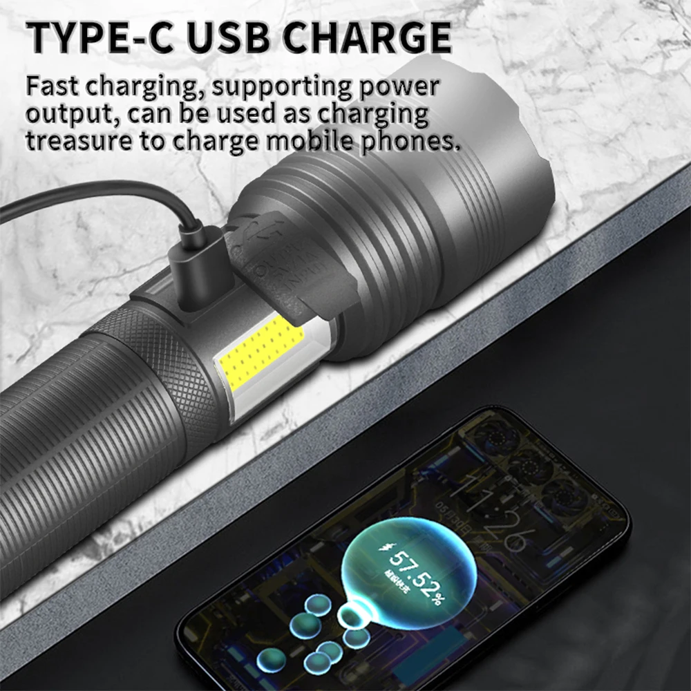 XHP70 Powerful LED Flashlight High Power Lantern TYPE-C USB Rechargeable Zoom Tactical Torch With COB Side Light Outdoor Camping