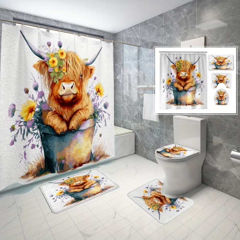 Highland Cow Shower Curtain Set with Bath Mat, Water-Resistant Polyester Pastoral Cartoon Cattle Theme Curtain with Eyelets, Mac