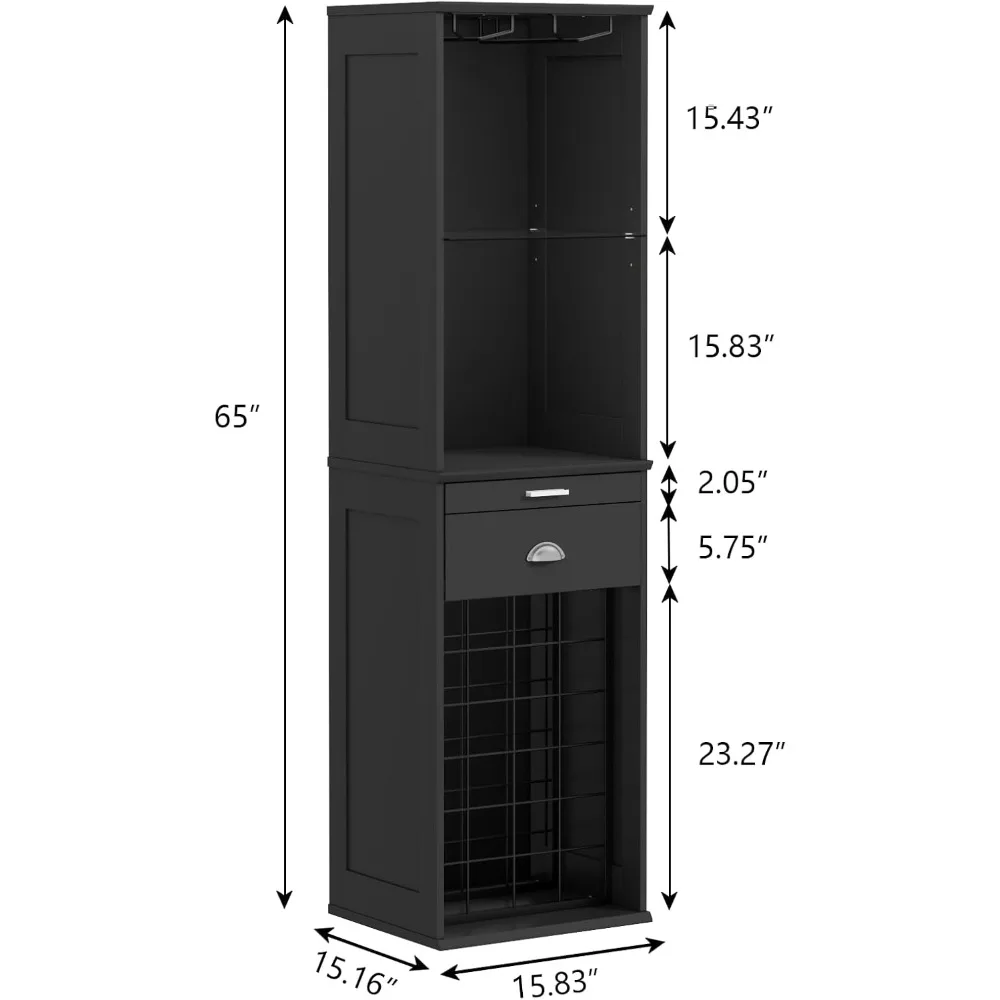 Armário de bar de vinho com luzes LED, armário de bar de café de 65 ''de altura com 24 prateleiras de vinho e suporte de vidro, armário de armazenamento de cozinha