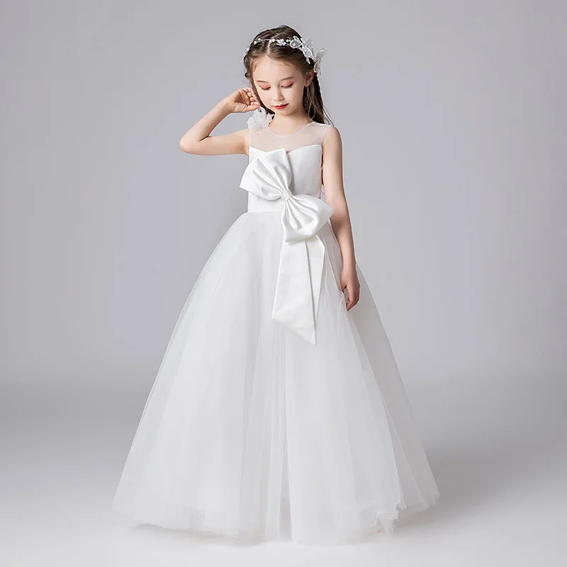 Girls' Host High-End Piano Performance Princess Children's Wedding Birthday Party Evening Gown White Simple Dress