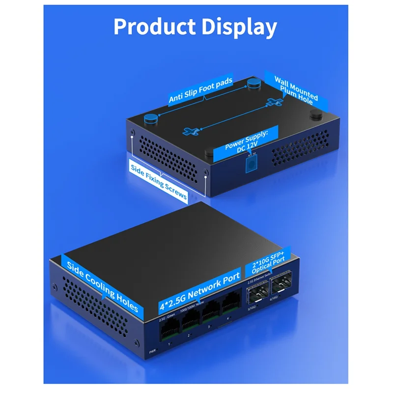 2.5Gb التبديل 4 ميناء 2.5G محول الشبكة غير المدارة مع 2 منفذ 10Gbe SFP + فتحة إعداد المنزل مفتاح إيثرنت التوصيل الاتحاد الأوروبي التوصيل