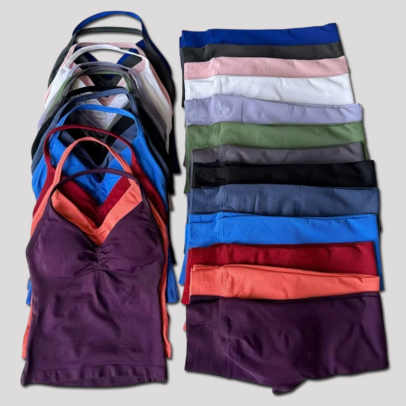 2Pcs Women's Gym Set Backless Tank Top High Waist Scrunch Shorts Seamless Fitness Activewear Workout Clothes