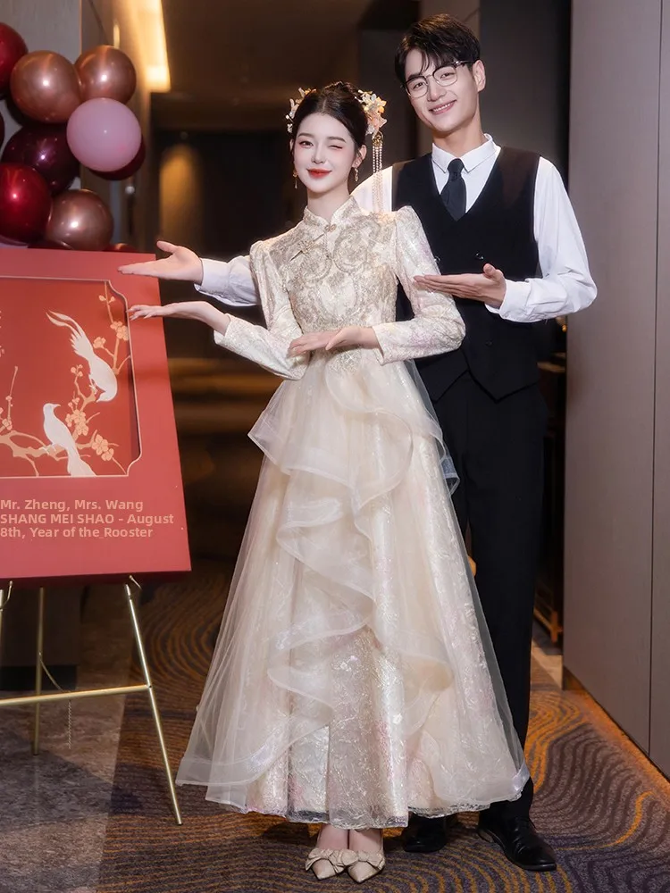 

New Chinese Sle Wedding Dr Long Sve Puffy Skirt Engagement Ceremony Dr Women's Return Home Robe