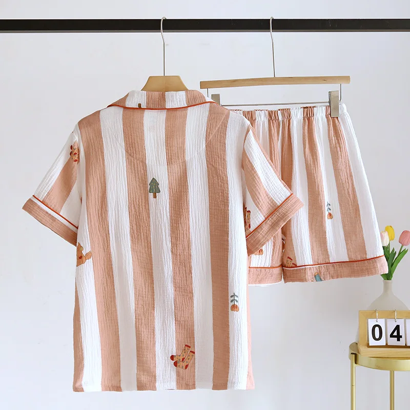 2024 New Japanese Women\'s Summer Pajamas Short Sleeve Shorts Set Ladies Cotton Crepe Vertical Cute Home Furnishing Two Piece Set