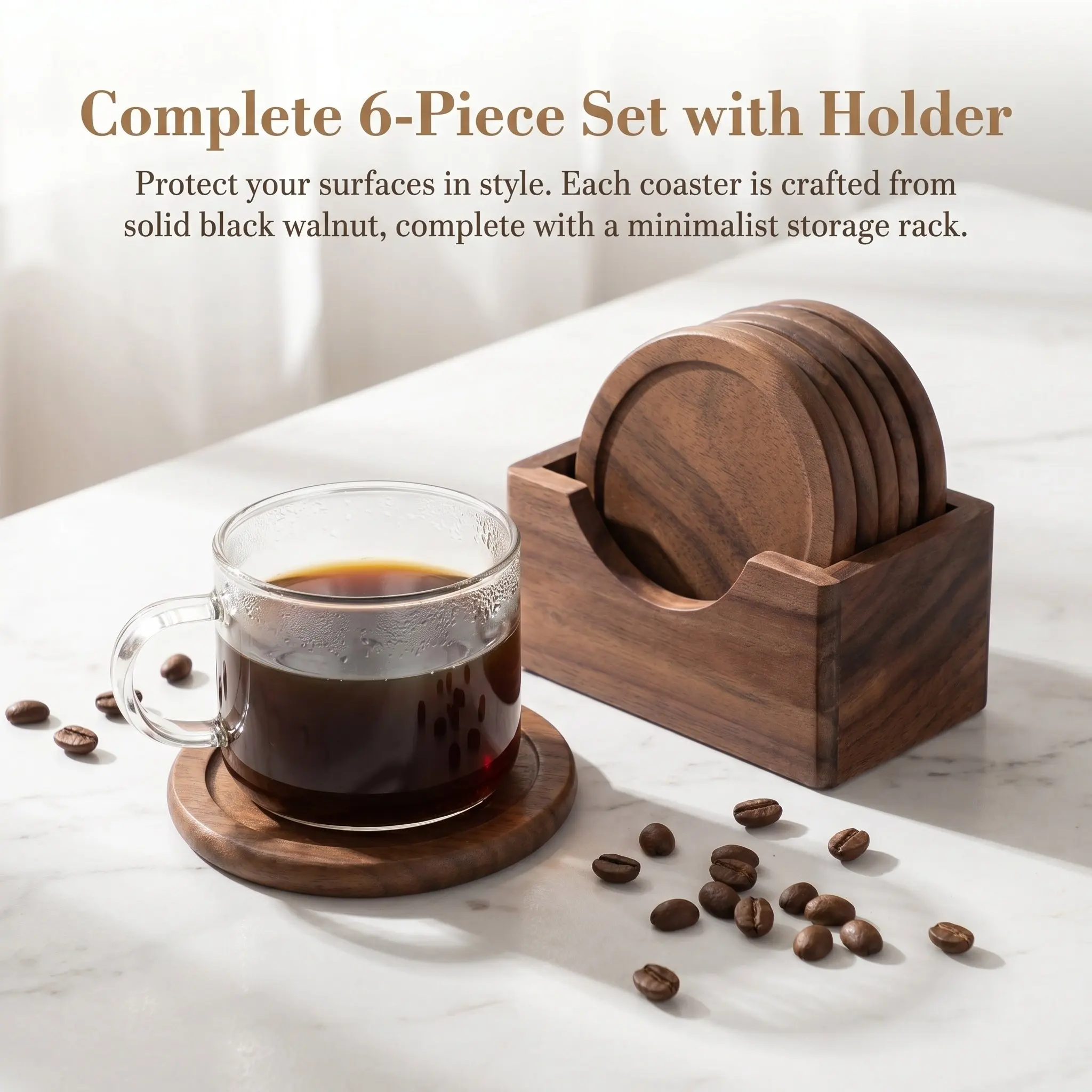 6Pcs Black Walnut Wooden Coasters Round Heat Resistant Anti Slip Drink Mats Natural Grain Texture Home Office Party Gift