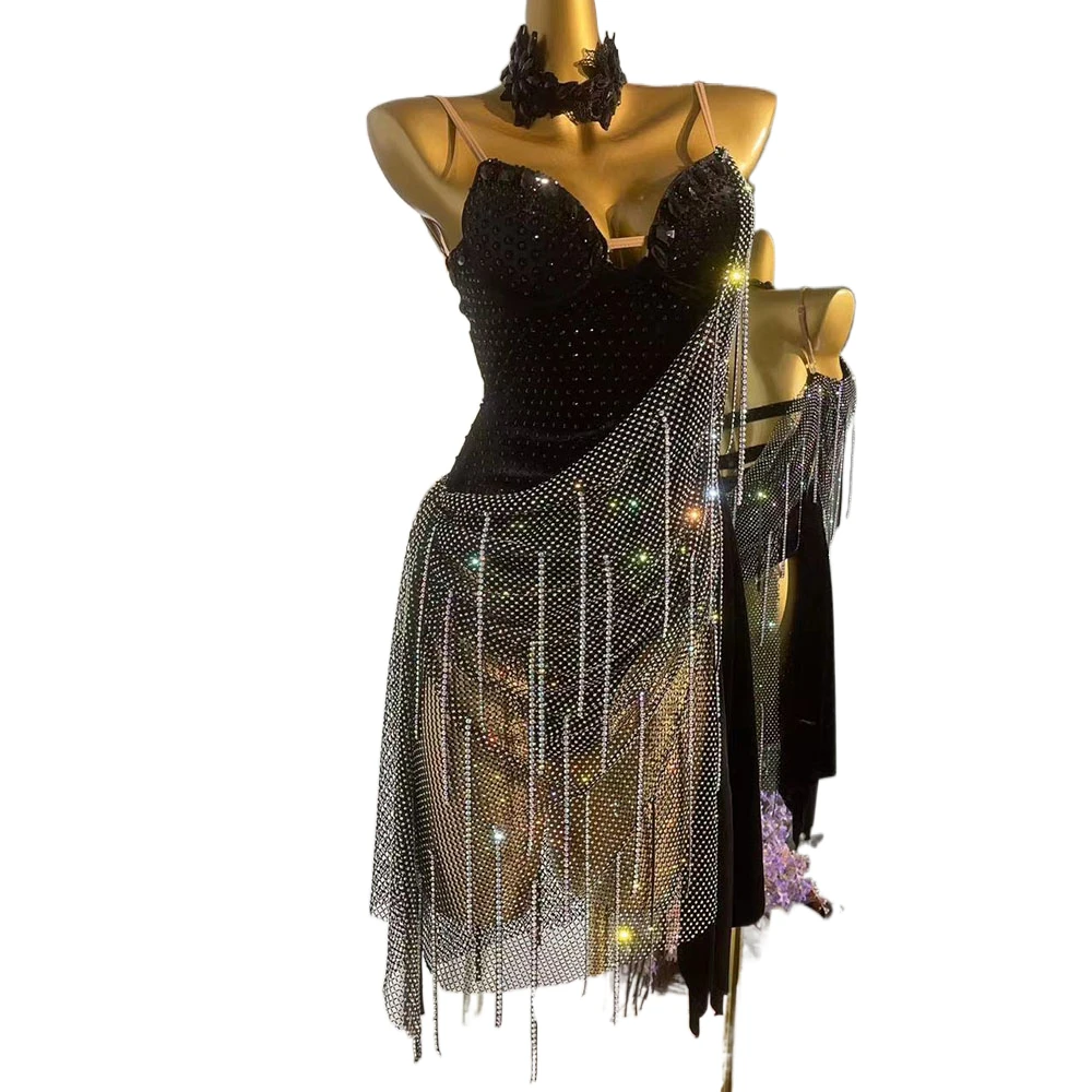 Vestido de dança latina high end personalizado diamante flashover capa suspender chacha tango feminino adulto palco roupas profissionais
