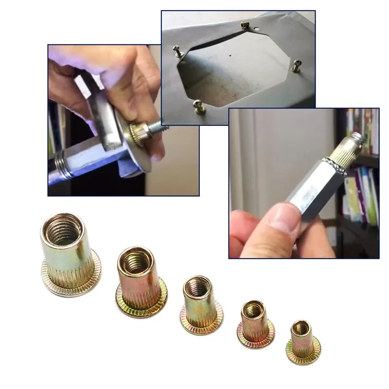 20PCS Carbon Steel Rivet Nuts M4 M5 M6 M8 M10 M12 Flat Head Threaded Rivet Insert Nutsert Cap Rivet Nut Kit