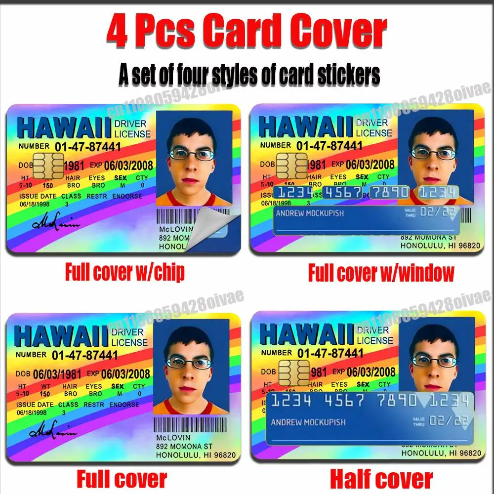 For Rainbow Laser McLovin Driver License S-Superbad Fogell Credit Bank Sticker Film Waterproof Protect Access Card Skin ID
