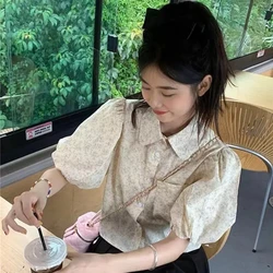 Summer New Loose All-match Button T Shirts Youth Sweet Floral Puff Sleeve Casual T Shirts Tops Korean Fashion Women Clothing