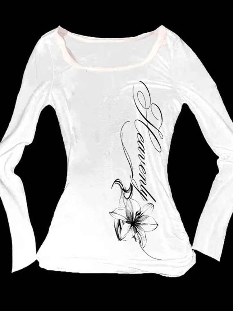 Autumn and winter new women's long sleeved top printed slim fit top simple daily fashion versatile base shirt Y2K style