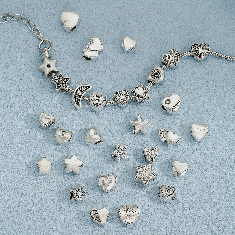 Bracciale e accessorio a catena realizzato a mano con perline distanziatrici in argento antico personalizzato fai da te con foro grande in lega retrò