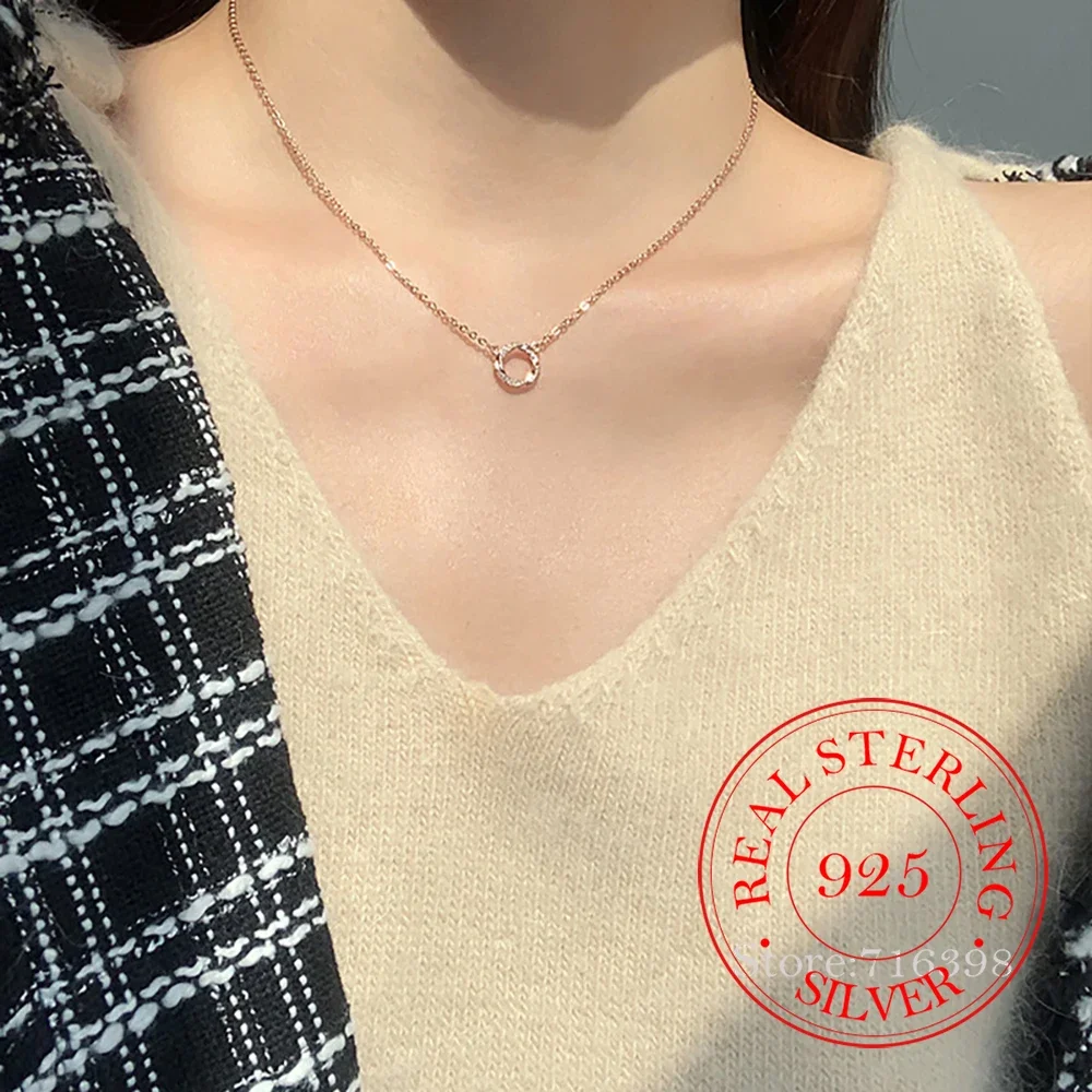 925 Sterling Silver Cubic Zircon Single Circle Pendant Necklace For Women Girls Silver 925 Clavicle Chain collares para mujer