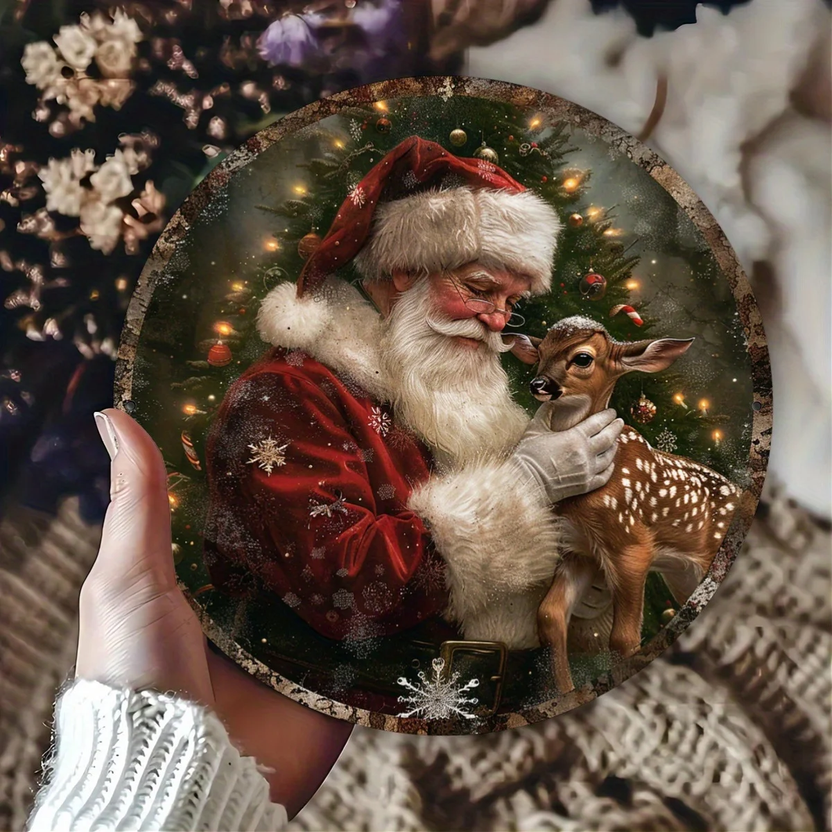 A Warm Embrace Between Santa Claus And a Reindeer on a Round Vintage Metal Aluminum Sign, The Perfect Choice for Christmas Decor