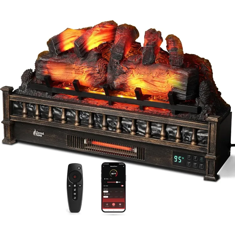 Infrarot-Quarz-elektrischer Kamin-Holzheizung mit Klang, knisternd, realistische Kiefernholzscheite, einstellbare Flammenfarben, 1500 W, Bronze