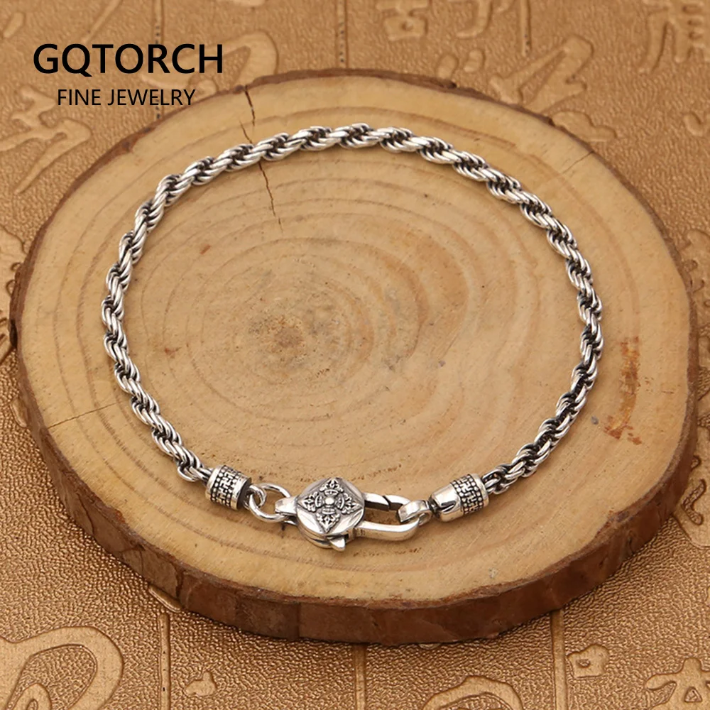 Real 925 Sterling Silver Braided Rope Chain Bracelets Tibetan Buddhism Mantra Six Words And Vajra Engraved Prayer Jewelry