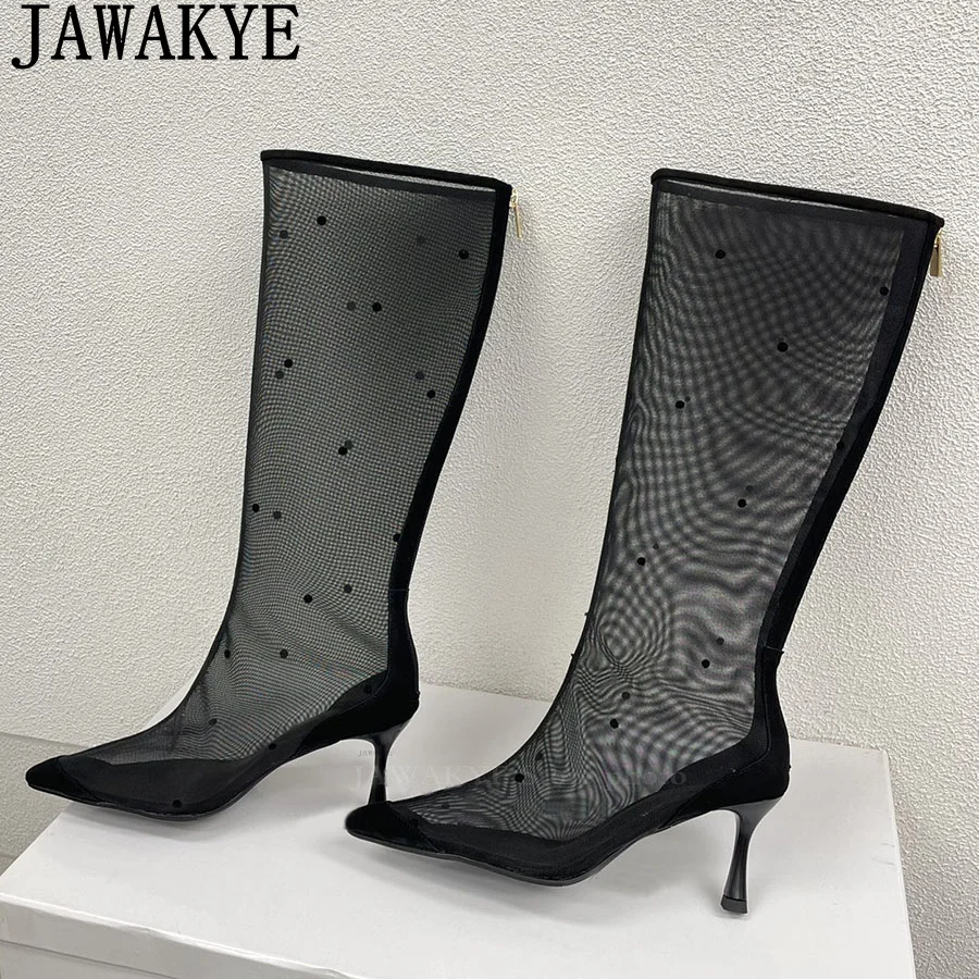 

Summer New Gauze Knee High Boots Women Mesh Lace See-through blouses Designer Thin High Heel Long Boots Sexy Fashion Week Boots