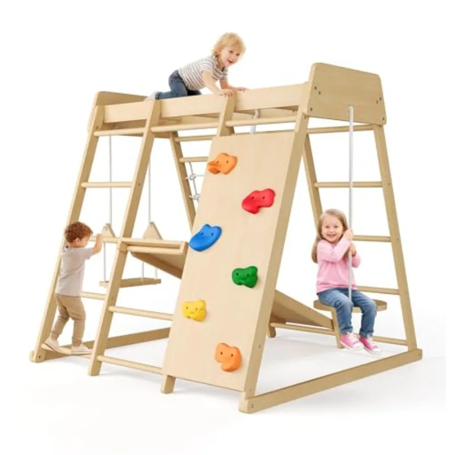 

8-in-1 Indoor Playground Jungle Gym Climbing Toys Wooden Climber Playset with Slide Swing Monkey Bars Climb Net Natural Wooden