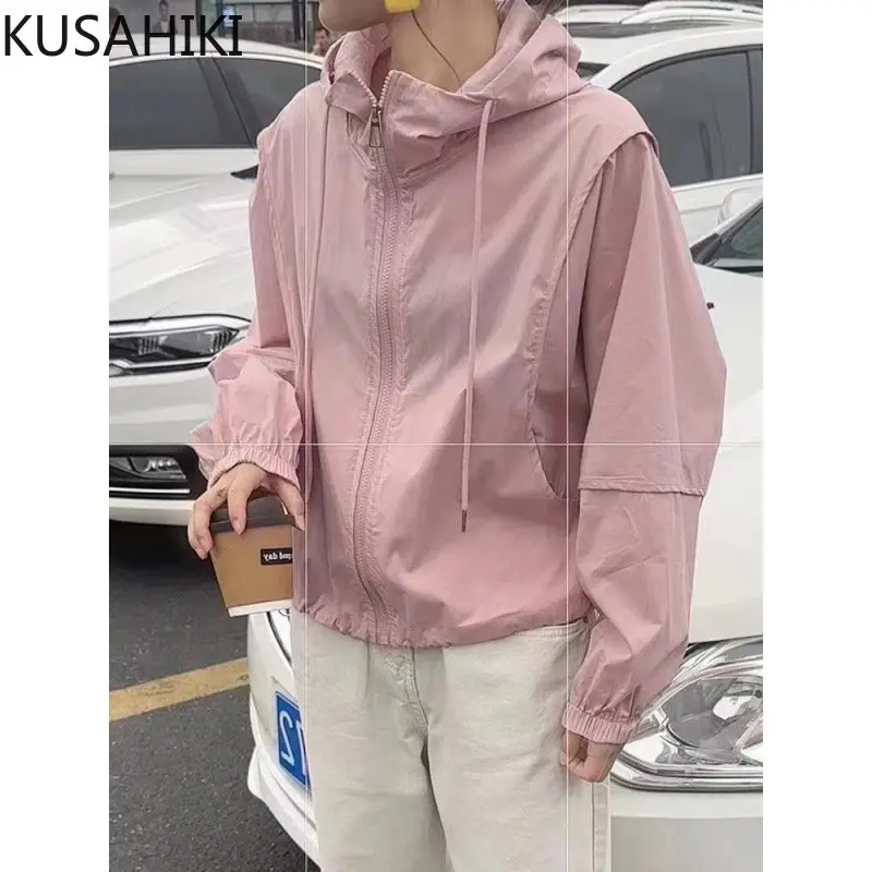 KUSAHIKI Summer New Draw String Hooded Thin Suncreen Jacket Causal Long Sleeve Solid Women Coat 2023 Fashion Korean Cardiagn Top