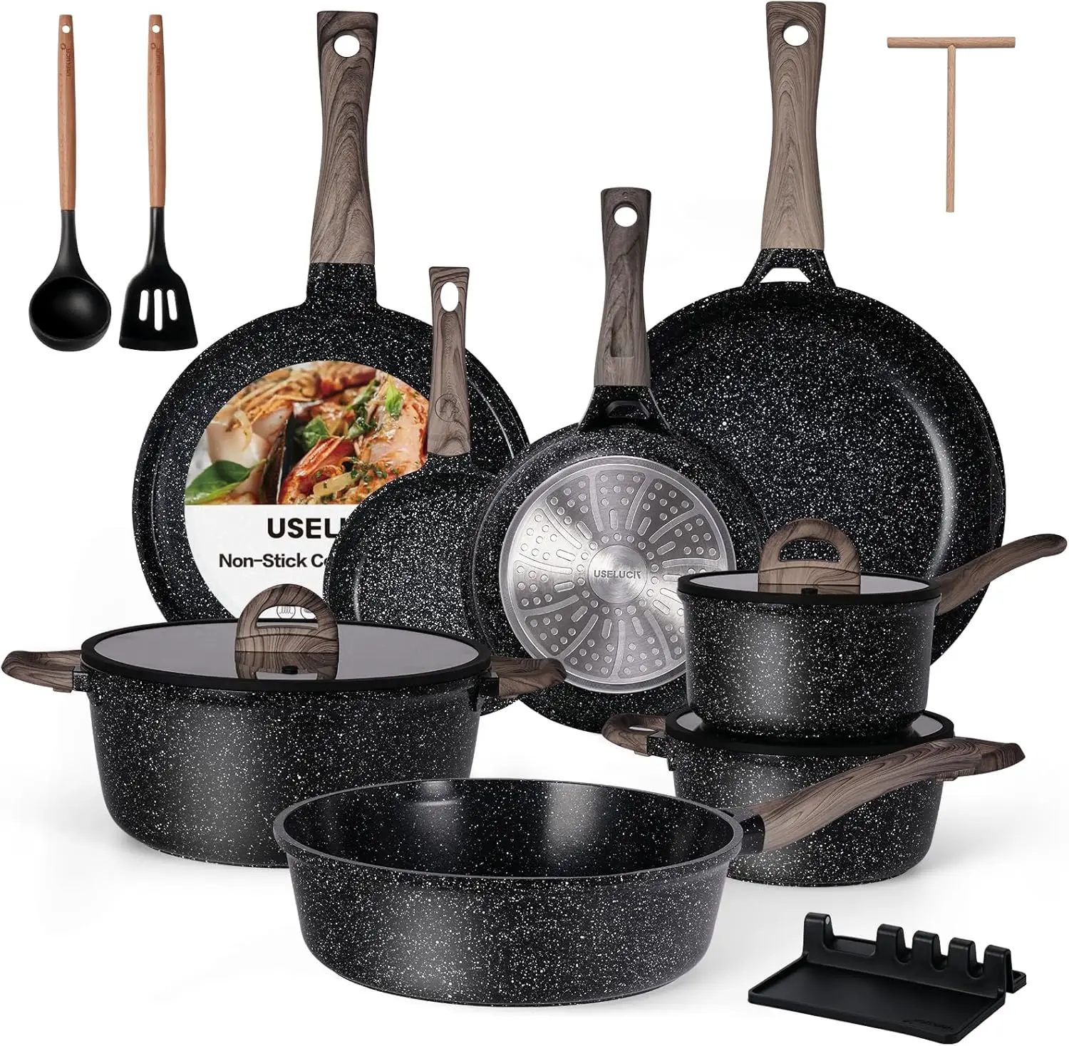 

Ceramic Cookware Set 22 Piece Nonstick Pots and Pans Set Non Stick Kitchen Cooking Sets 8"Frying Pans with Lid,Black Gra
