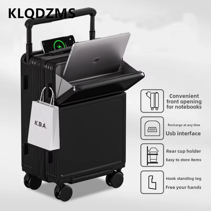 

KLQDZMS USB Charging Suitcase ABS+PC Front Opening Boarding Case Laptop Trolley Case 20"22"24"26 Inch Women's Cabin Luggage