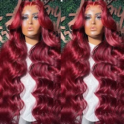 Brazilian Body Wave Wigs 13x4x1 Lace T Part Wig Human Hair Wigs For Black Women 99 Cherry Red Colored Wavy Wig Bleached Knots