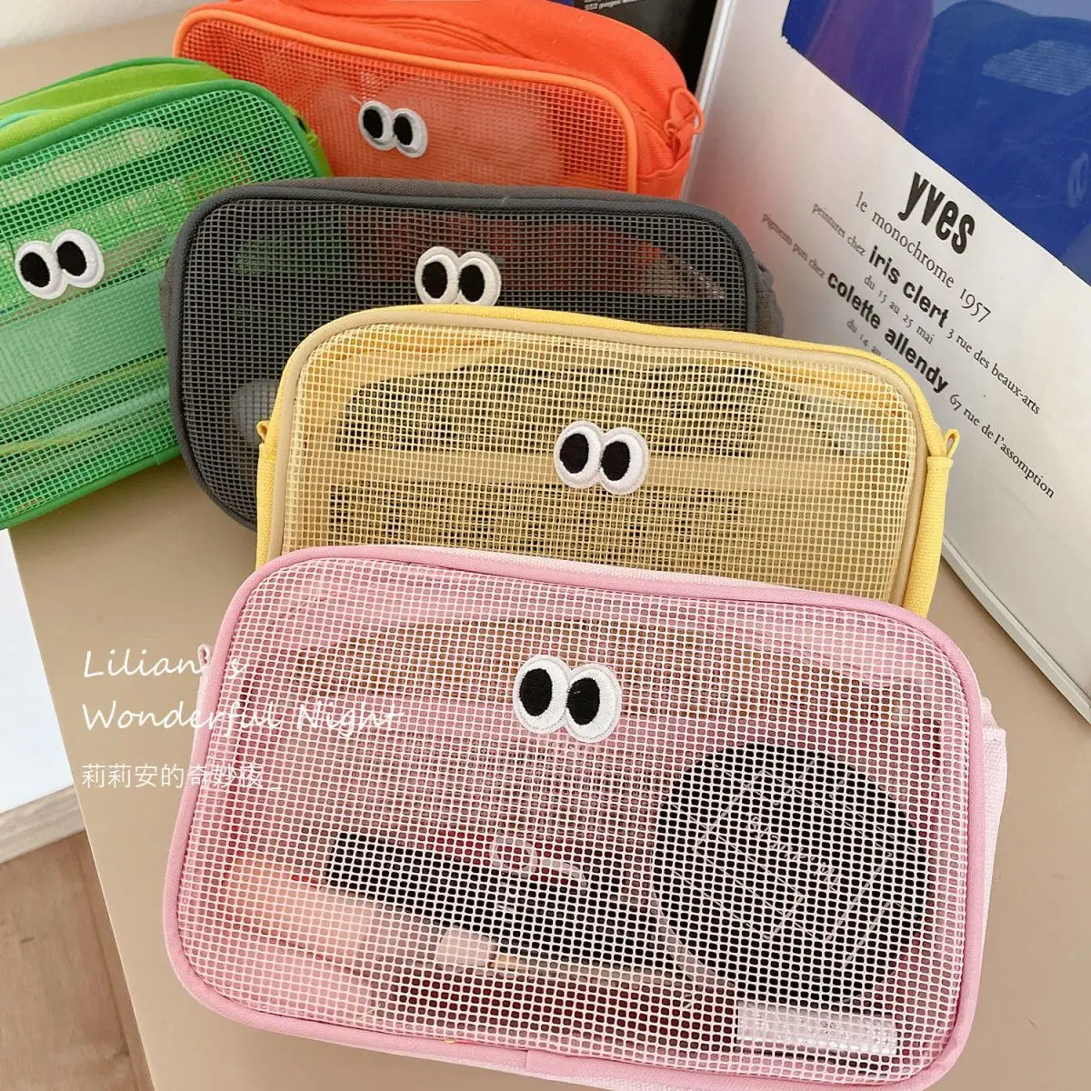 Cute Eyes Mesh Makeup Bag Travel Bag Organizer Waterproof Portable Large Capacity Wash Storage Headphone Charging Cable Pouch