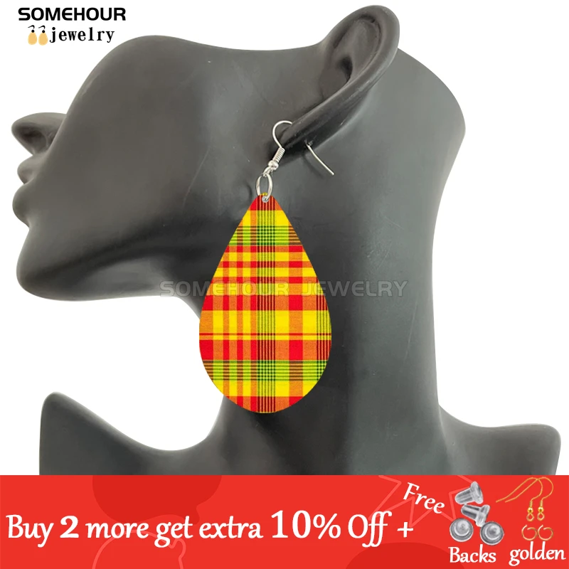 SOMEHOUR 7 Shapes Madras Plaid Print Wooden Drop Earrings African Ethnic Art Geometric Pendant Dangle Jewelry For Women Gifts