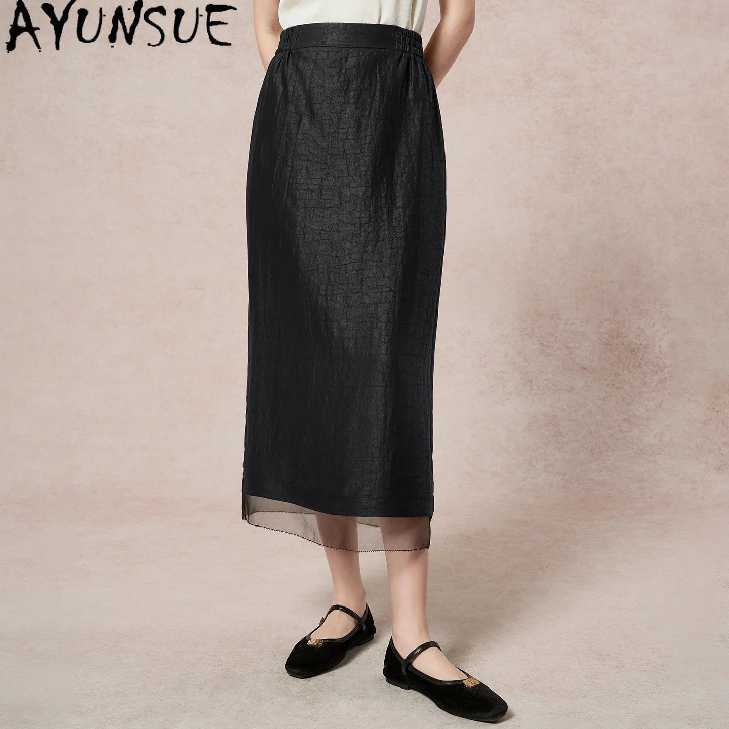 AYUNSUE 100% Mulberry Silk Long Skirts for Women Xiangyunsha Black Skirt Vintage Organza Patchwork Summer Skirts 2026 Ropa Mujer
