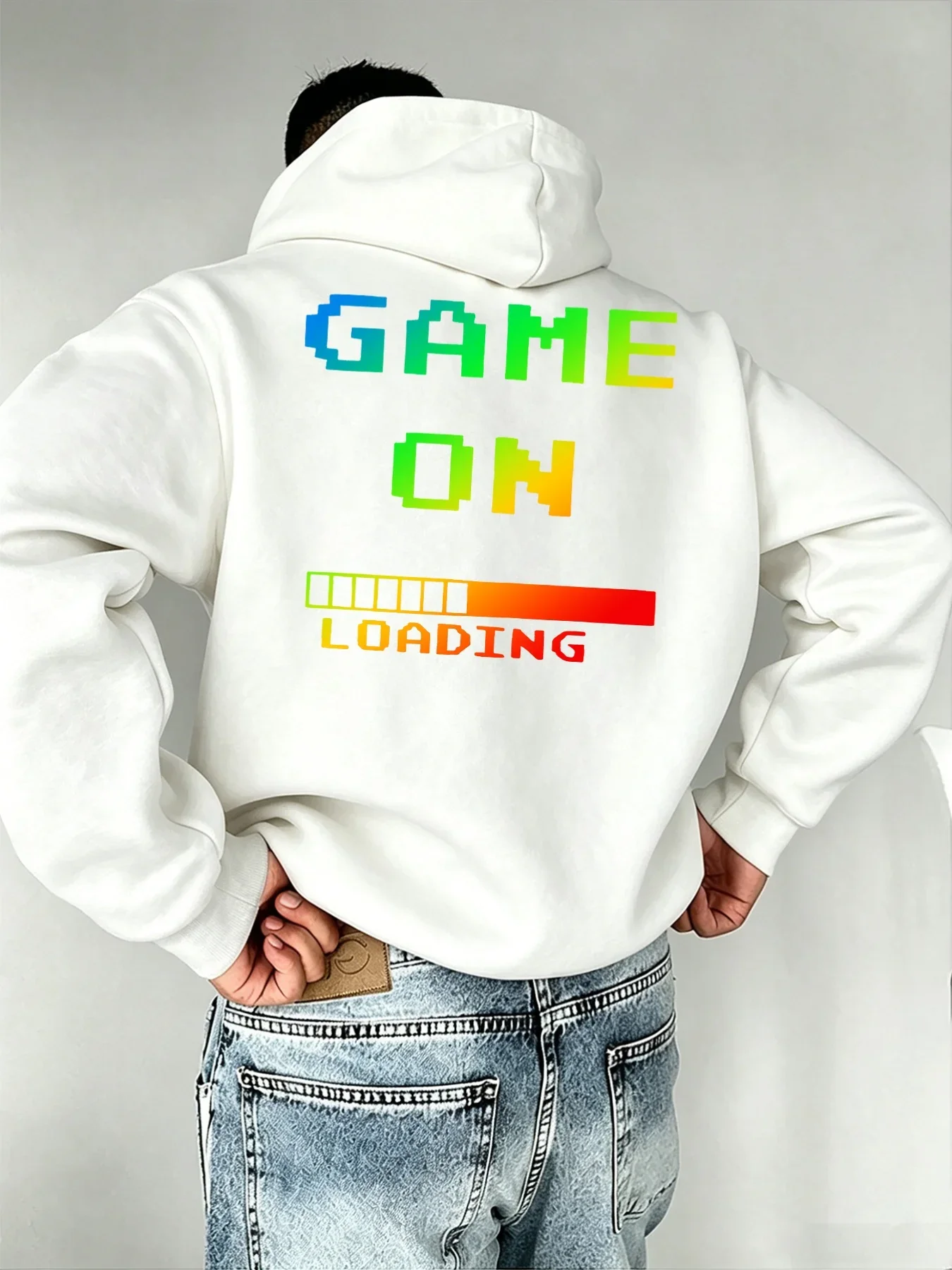 Men Retro Gamer Pixel Loading Bar Graphic Hoodie Autumn Winter Oversized Street Style Unisex Fleece Pullover Hooded Sweatshirt
