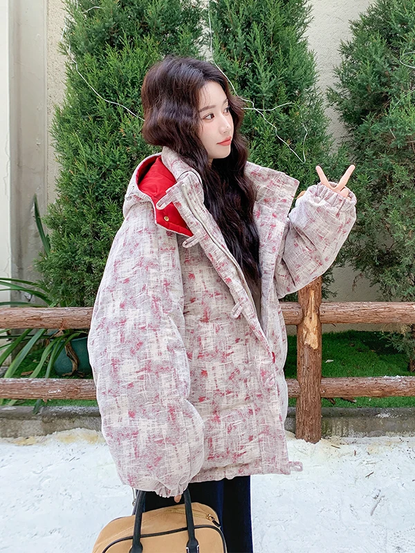 

Ladies' Casual Sle Printed Loose Fit Thiened Winter down Jaet ort Coat Warm And Slimming Hooded Casual Faion 2025