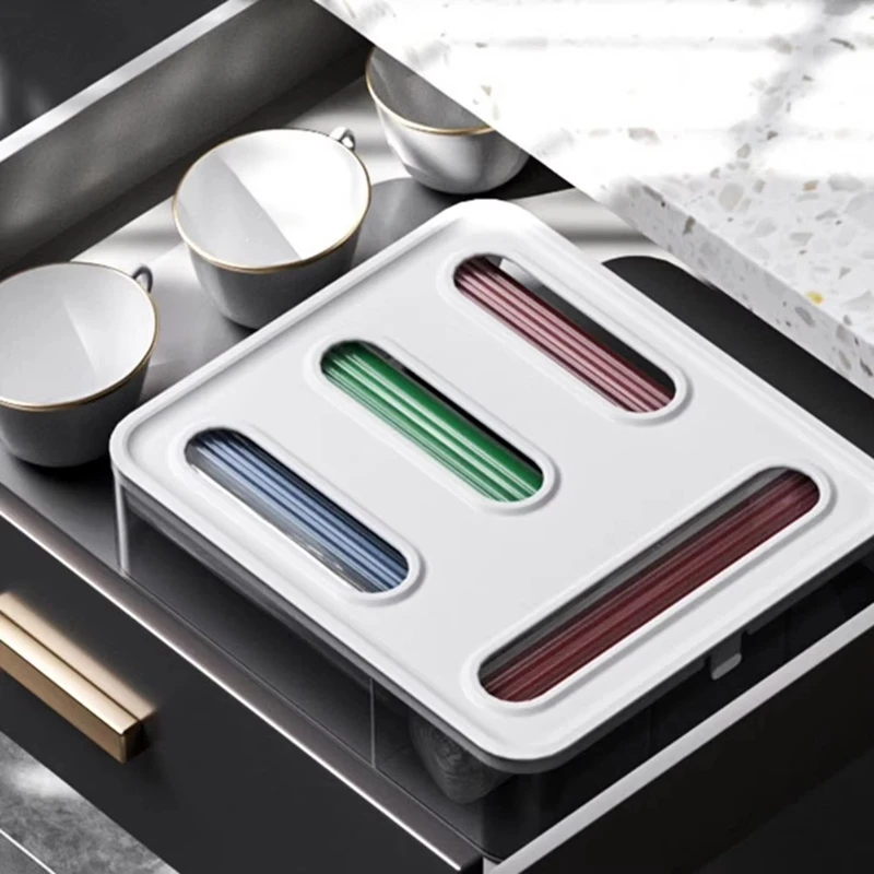 ABBO-Kitchen Wrap Dispenser Organizer Box For Cling Wrap, Sandwich Bags - Space Saving Drawer Insert For Home Organization