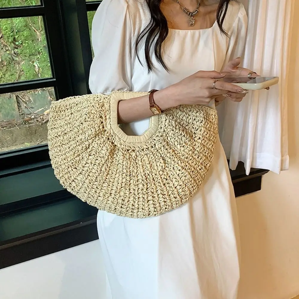 Large Capacity Straw Woven Handbag Rattan Weave Handmade Handle Half-Moon Handbag Half-Moon Shaped Lightweight Carrying Case