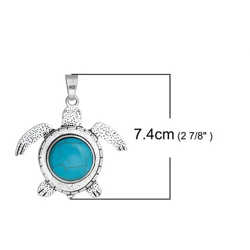 1pc Vintage Bohemian Style Pendant Tortoise Angel Antique Silver Color Blue Imitation Turquoise Charms DIY Necklace Jewelry Gift