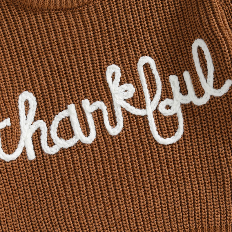 Baby Girls Boys Thanksgiving Knit Sweater Long Sleeve O Neck Letter Embroidery Pullover Knitwear