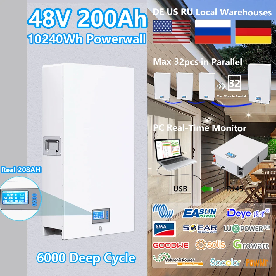 

48V 200Ah Powerwall 10Kwh LiFePO4 Battery Built-in 200A BMS CAN RS485 51.2V 6000+ Cycles 10 Years Warranty For Solar Off/On-Grid