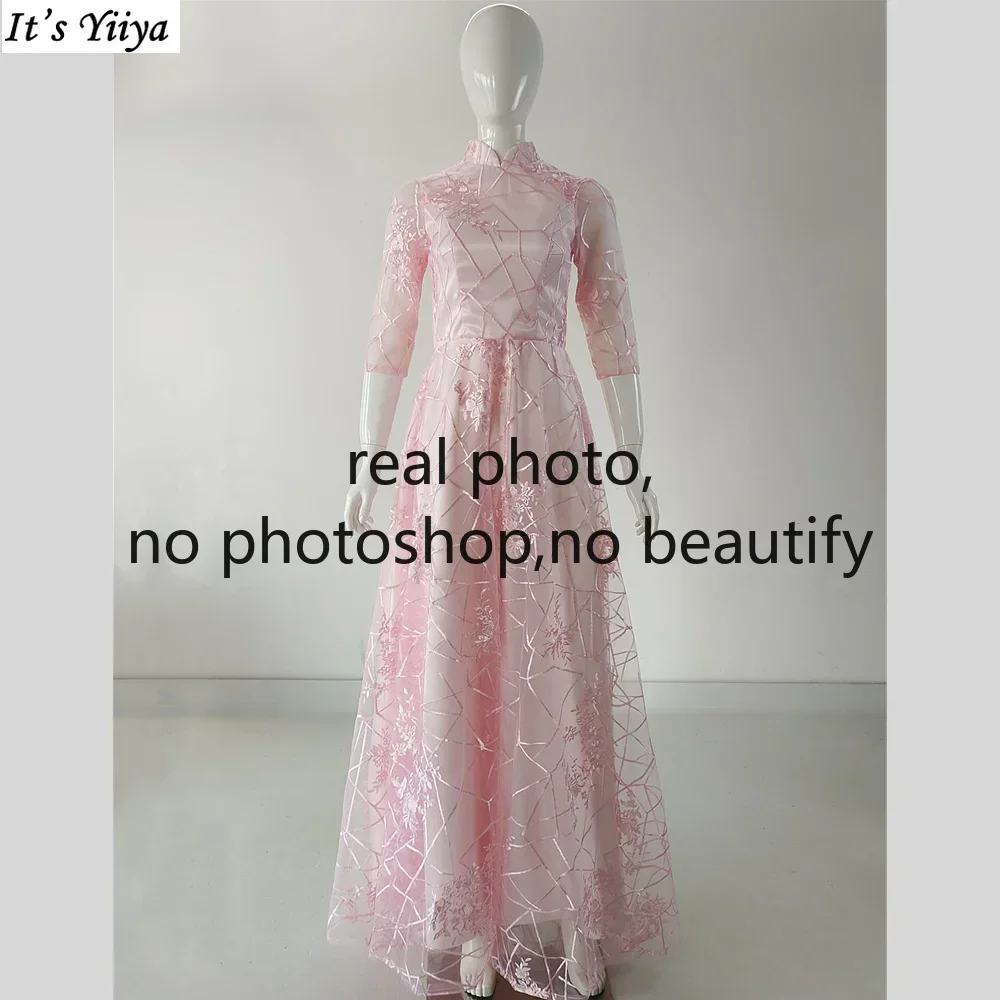 It's Yiiya real Photo Evening Dresses Pink Embroidery High Collar 3/4 Sleeves Zipper A-line Floor Length Plus size Party Gowns