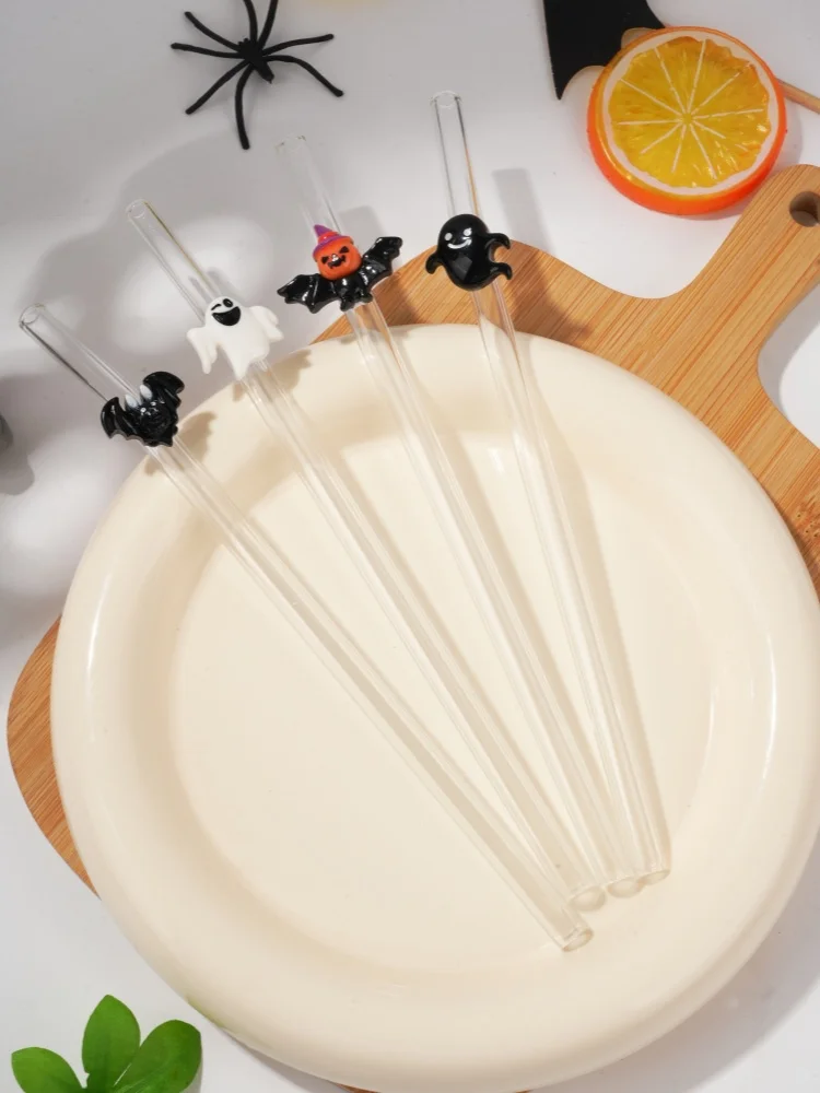 4PCS Halloween Glass Straw with Bat Ghost Decor, Spooky Table Ornament for Hot Cold Drinks & Parties
