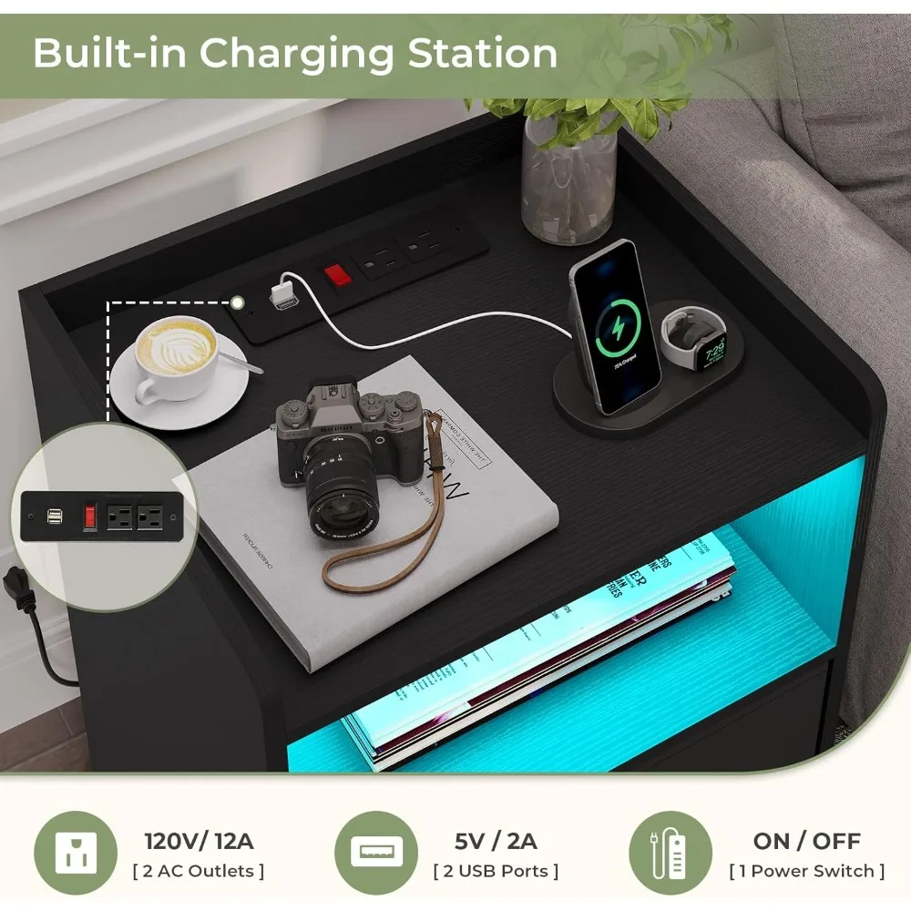 زوج من طاولات النوم الحديثة المضاءة بإضاءة LED مع منافذ شحن وأدراج قماشية، باللون الأسود #5