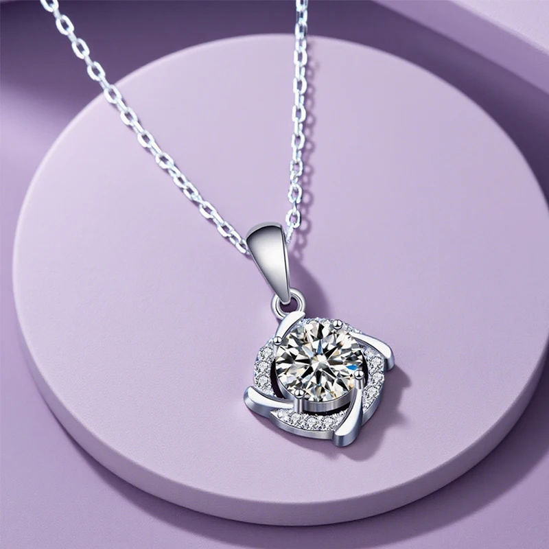 Moissanite Windmill Pendant Necklace 925 Sterling Silver 1ct D-Color VVS1 with Certificate, Spinning Floral Charm Gift for Her,