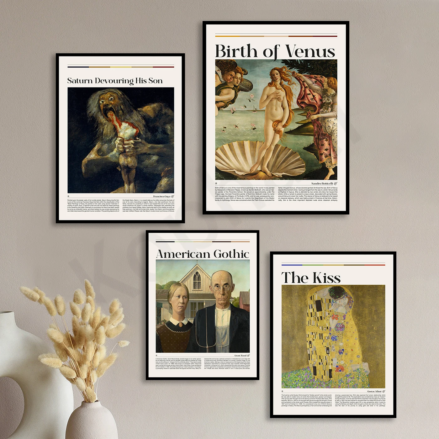 Obras de exposición "American Gothic" "El beso" "El nacimiento de Venus" "Saturno detona su hijo". Póster artístico de decoración de pared