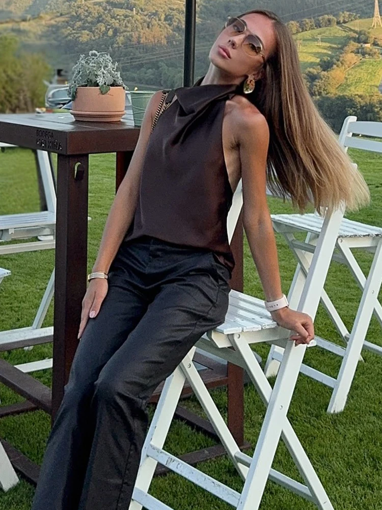 HH Primavera Elegante Top Halter de Satén para Mujer 2026 Verano Sin Espalda Hombros Descubiertos Corsé Chaleco Moda Femenina Top Corto Ajustado