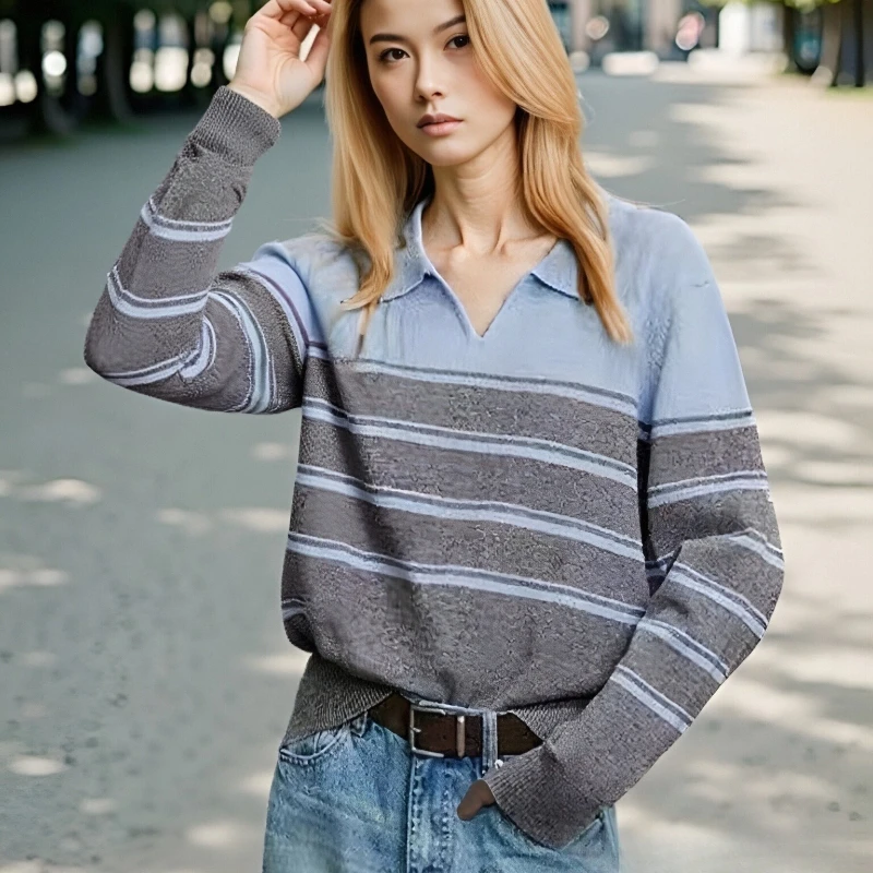 

Осенние элегантные офисные женские вязаные рубашки с воротником-поло, модный полосатый свитер с длинными рукавами, свободные повседневные вязаные топы в стиле ретро