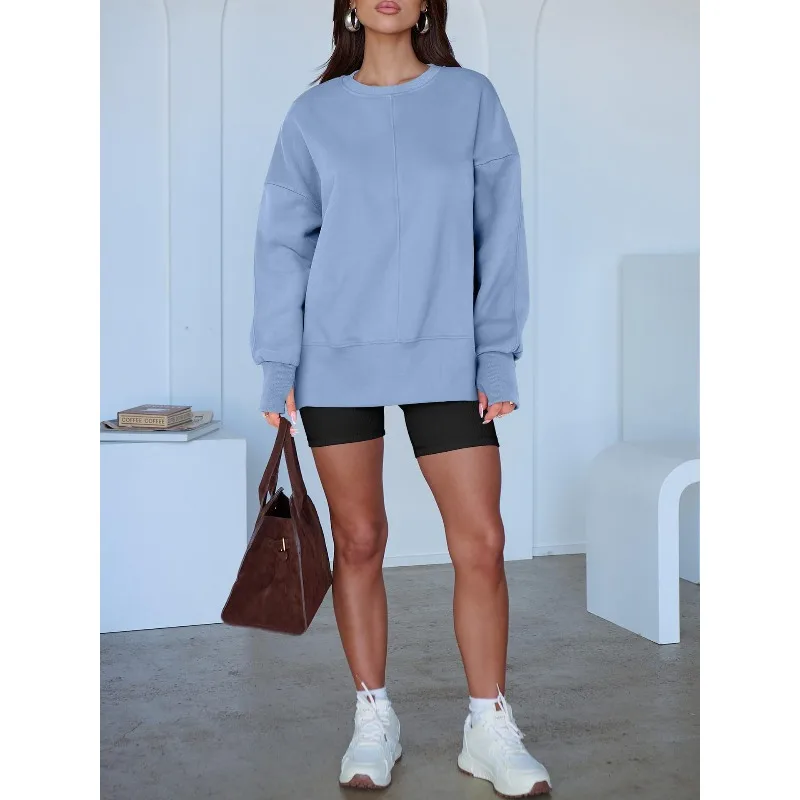 

2025 Fashion Casual Crew Neck Pullover Solid Color Loose Sports Long Sleeve Sweater Top
