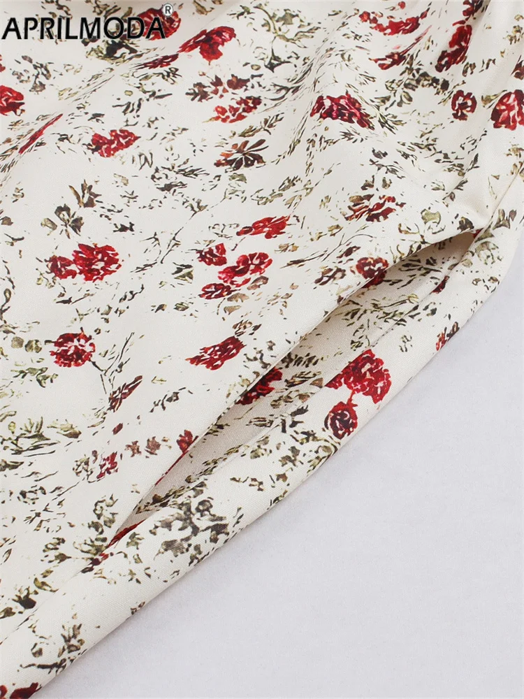 2025 Abito casual da donna vintage in stile francese con stampa a fiori piccoli con fiocco a maniche lunghe autunno una linea svasata abito da festa da tè