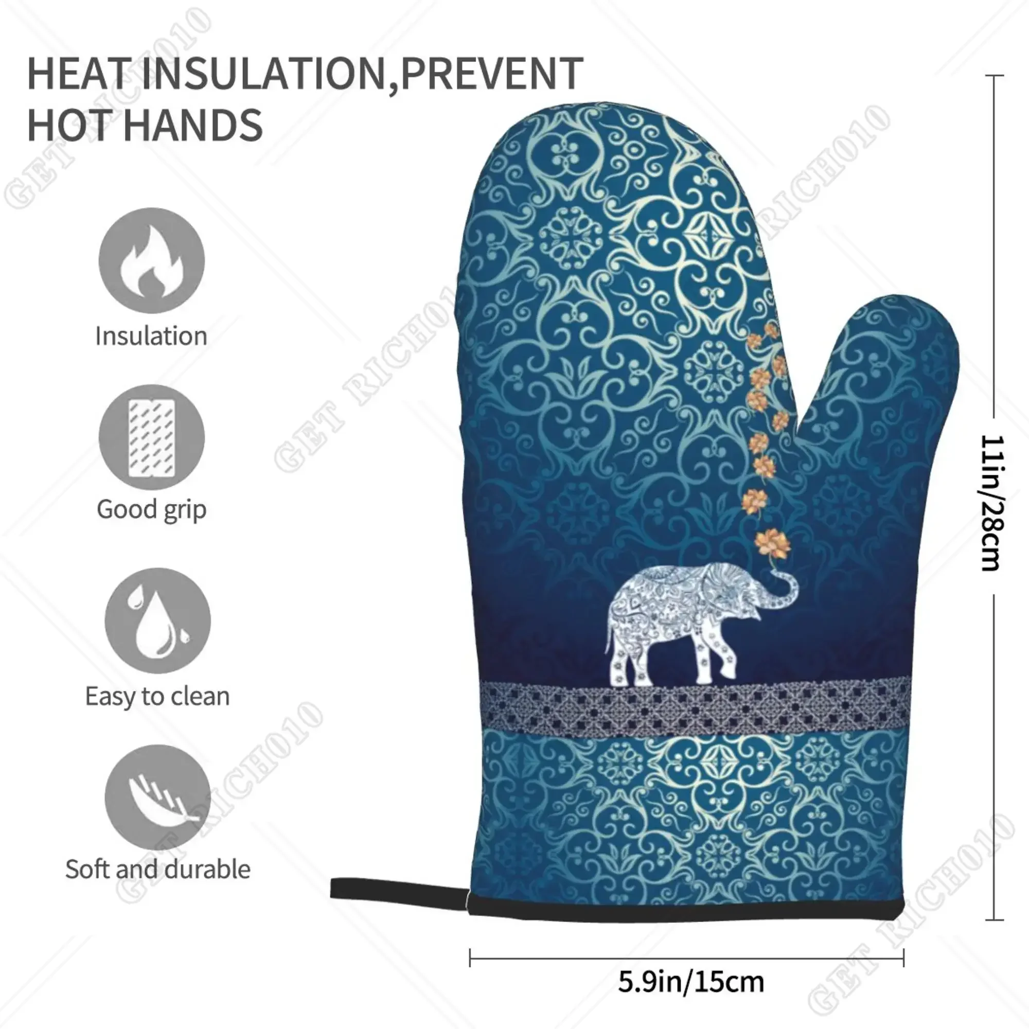الأزرق الفيل تصميم المرأة بوهو قفازات الفرن 2 قطعة قفازات الميكروويف قفازات الفرن مقاومة للحرارة قفازات الفرن للمطبخ شواء